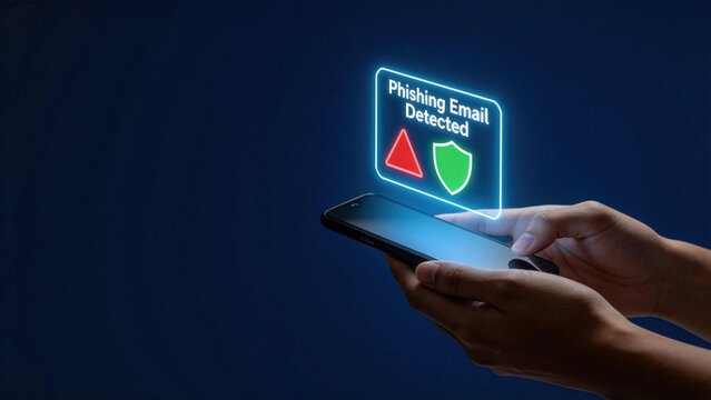 Smartphone displaying phishing email detected alert with warning icons,cybersecurity concept about mobile fraud,online scam prevention and digital data protection