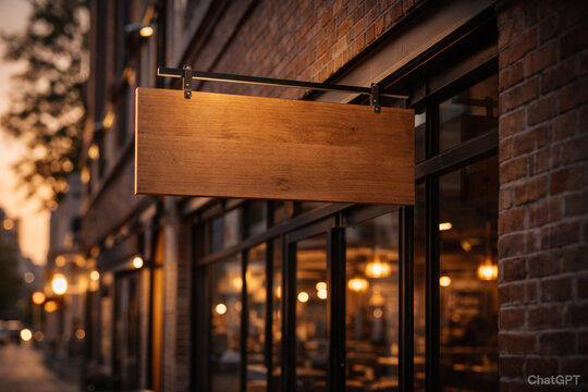 A blank wooden sign hangs outside a brick building with warm interior lights reflecting in large windows, creating an inviting urban storefront scene at dusk.