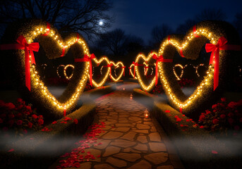 Romantic heart shaped light installations on stroll path at night