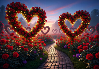 Romantic heart shaped rose archway with illuminated pathway