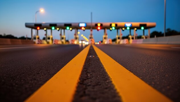 Highway Toll Plaza: A low-angle shot captures a highway toll plaza at dusk, the lanes illuminated by vibrant lights guiding vehicles through the automated payment system.