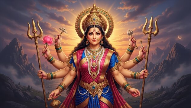 Divine Empowerment: A regal female deity, adorned with elaborate jewelry and multiple arms, radiates an aura of divine power and grace, her serene expression hinting at inner strength and wisdom. 