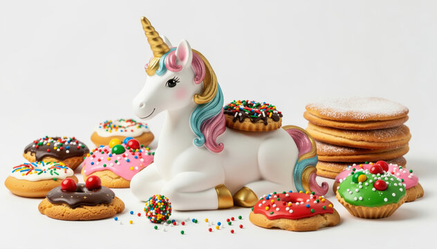 Magical Confectionery: A whimsical ceramic unicorn surrounded by an array of colorful donuts and cookies, creating a playful and inviting scene.