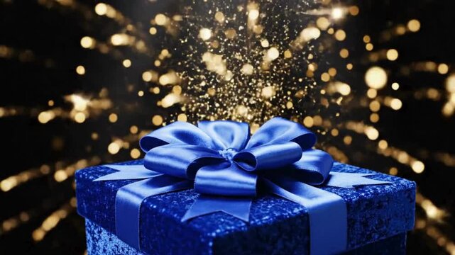 A sparkling blue gift box with a satin ribbon and bow, emitting golden glitter against a dark background with festive golden light streaks.