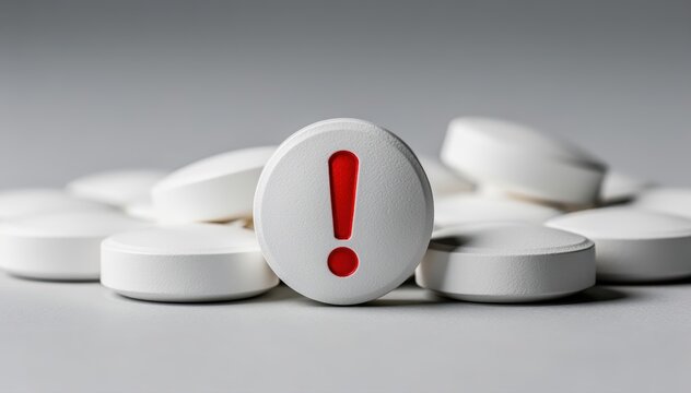 Medication Alert: A close-up shot of several white pills, one of which prominently displays a red exclamation mark, highlighting a crucial health warning.