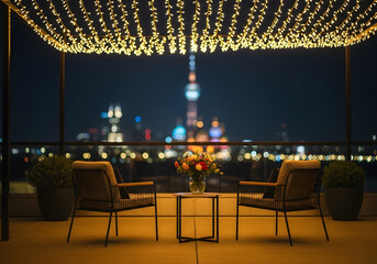 Rooftop terrace with city skyline and decorative lights