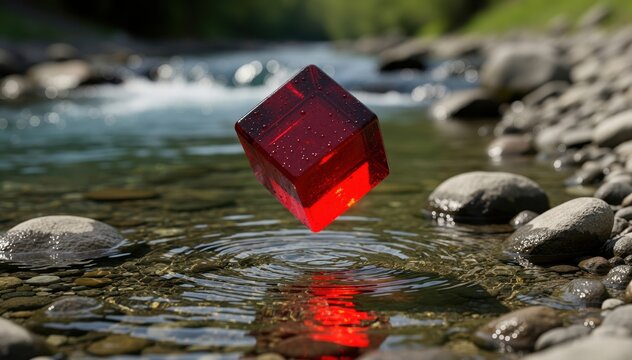 Floating Red Cube: A mesmerizing transparent red cube levitates effortlessly above a crystal-clear stream, nestled among smooth stones, reflecting the serene beauty of the natural environment.