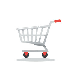 Modern Shopping Cart with Red Handle - Flat Design