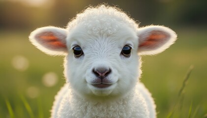 Obraz premium Little Lamb in the Meadow: A close-up of an adorable fluffy lamb with a sweet face, set against a backdrop of a soft, grassy meadow, perfectly capturing the innocence and serenity of spring.