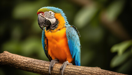 Obraz premium Exotic Parrot Perched: A vibrantly colored parrot sits perched on a tree branch, its plumage a stunning display of nature's artistry. The eye-catching bird is showcased amidst lush foliage.