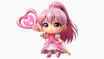 Fototapeta premium Enchanting Anime Figure with Magic Wand: A cute anime figurine dressed in pink, with a big heart-shaped wand in her hand. Evoking a sense of cuteness and enchantment.