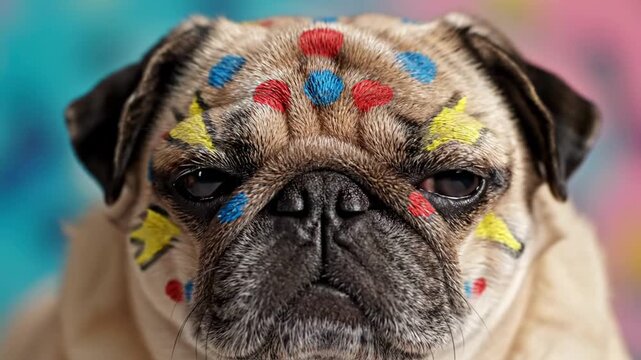 Pug dog with colorful face paint on a vibrant background.