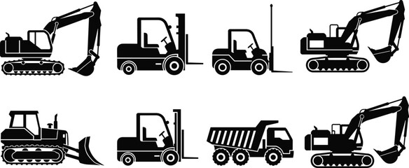Construction heavy equipment silhouette vector set with excavator, forklift, bulldozer and dump truck industrial machinery illustration