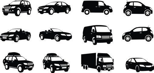 Modern car silhouette vector collection with sedan, SUV, van, convertible and truck isolated automotive transport icons © Shaqbia