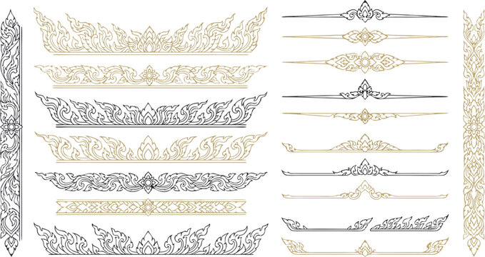 Thai Traditional Line Art Pattern, Golden Luxury Ornament Vector for Background and Design