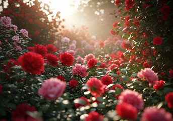 Vibrant rose garden with sunlight filtering through foliage