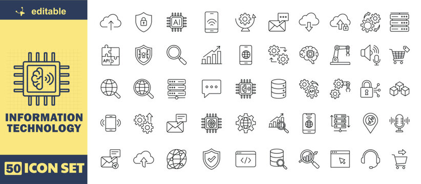 Editable 50 icon set focused on Information and Communication Technology (ICT), featuring modern line outline icons representing cloud computing, artificial intelligence, data technology