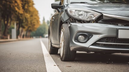 Damaged gray car with a crumpled front end sits on the asphalt road after an accident on an autumn day near the sidewalk lined with yellow trees in the city.