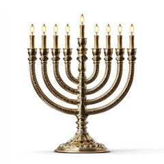 Ornate gold menorah with nine lit candles against a white background