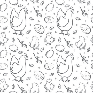 Easter seamless pattern with chiken, chik and eggs vector graphic illustration. Whimsical hand drawn animals doodle background for Happy Easter designs. Template for spring holiday textile, packaging.