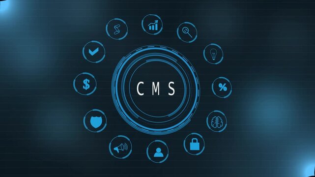 Content Management System ( CMS) concept with global network and business icons on a dark background