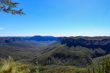 View of Grose Valley from Evans Lookout in the Blue Mountains highlighting rugged and weathered sandstone cliffs above dense forest wilderness.