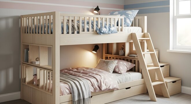 Ranjang susun anak perempuan dan laki-laki. Two bunk beds for girls and boys