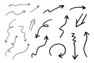 Hand-drawn black arrows collection. Diverse directional elements including curved, wavy, spiral, straight, and zigzag arrows on white background. Perfect for presentations, infographics, flowchart