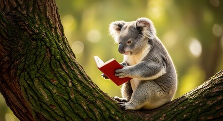 Fototapeta premium A koala sitting on a tree branch reading a red book outdoors