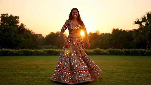 Indian woman dances gracefully in traditional Lehnga Choli at sunset. Golden hour lighting. Celebratory, joyful and festive. Happy occasion, celebration.