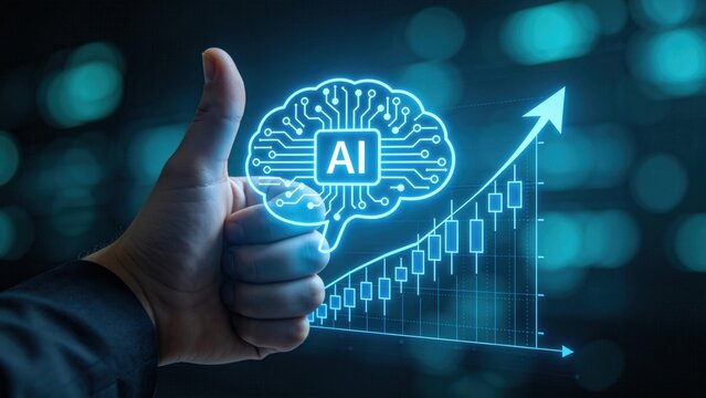 Positive AI technology growth concept with thumbs up gesture and rising financial chart,artificial intelligence success and business performance improvement visualization