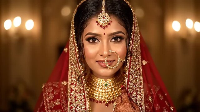 Elegant Indian bride portrait. Red traditional dress, gold jewelry, gorgeous makeup, romantic mood. Celebrating wedding in India. Intimate moment.