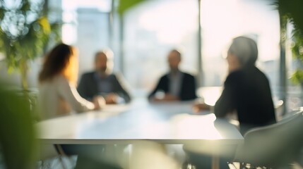 Business professionals collaborating in blurred office meeting, discussing strategy and teamwork in a bright setting