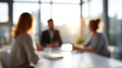 Business team discussing new ideas during a blurred meeting in a bright corporate office environment
