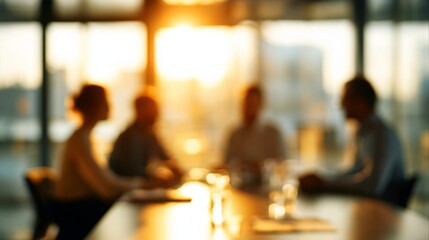 Business people meeting at sunset, executives discussing strategy during blurred conference background