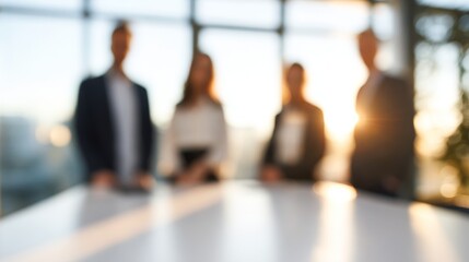 Diverse business team meeting at a conference table, discussing ideas in a blurred professional office at sunset
