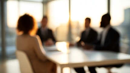 Business people sitting at a table in the office, engaging in a corporate discussion with bright sunset light