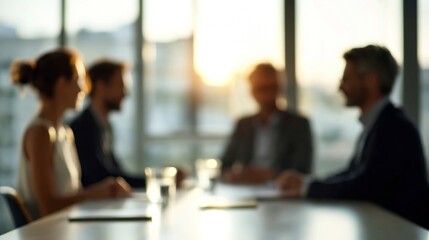 Business people having meeting in modern office boardroom at sunset, focusing on collaboration and discussion
