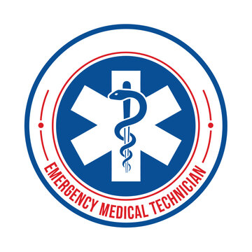 Circular emblem for Emergency Medical Technician featuring the blue Star of Life symbol with a Rod of Asclepius and red text on a white background.