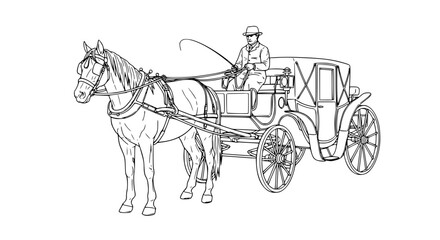 Hand drawn horse drawn carriage with driver line art vector illustration isolated on white background