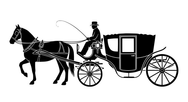 Black silhouette horse carriage with coachman classic transport vector isolated on white