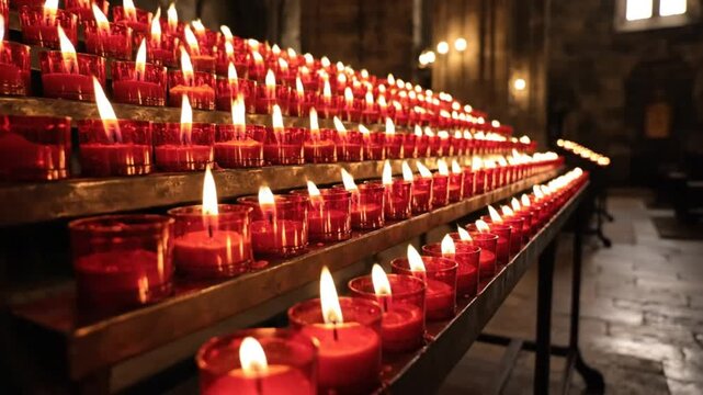 Burning red candles in a cathedral with a soft golden glow, offering peaceful and spiritual vibes for prayers and reflection