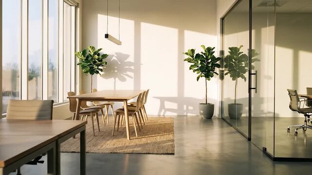 Modern with bright office space with natural light, plants, and and collaborative tables.