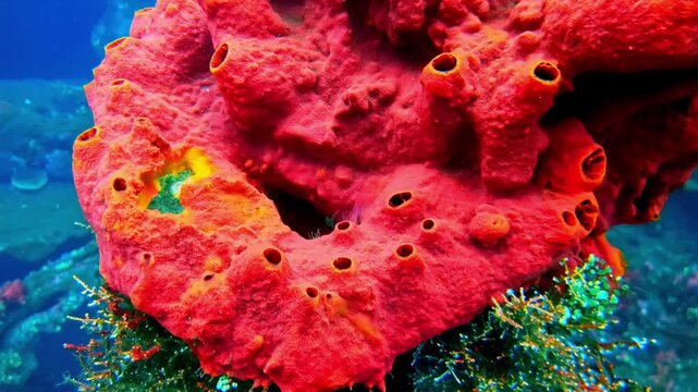 Macro close up of a vivid red tube sponge with multiple oscula openings growing on a tropical coral reef. Colorful underwater marine life scene during scuba diving in Bali.
