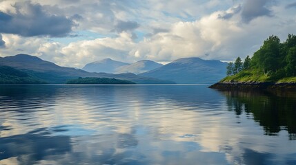 Obraz premium Serene Scottish Loch with Misty Mountains and Reflective Water