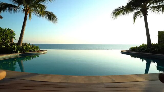 Luxurious tropical resort offers serene ocean views from comfortable wooden hanging daybeds beside an infinity pool setting.