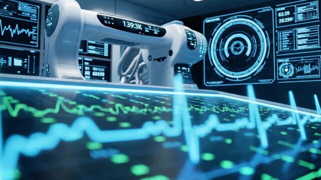 A futuristic robotic arm in a high-tech control room with holographic screens and monitors displaying digital graphs and a target