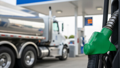 Green fuel pump nozzle at a gas station with a fuel tanker truck in the background