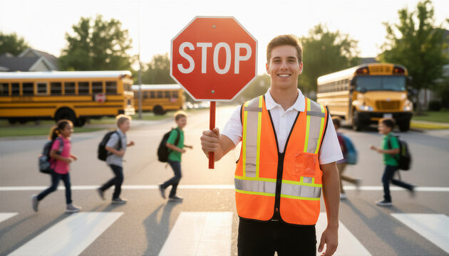 School crossing guard with stop sign helping children cross street safely near school buses