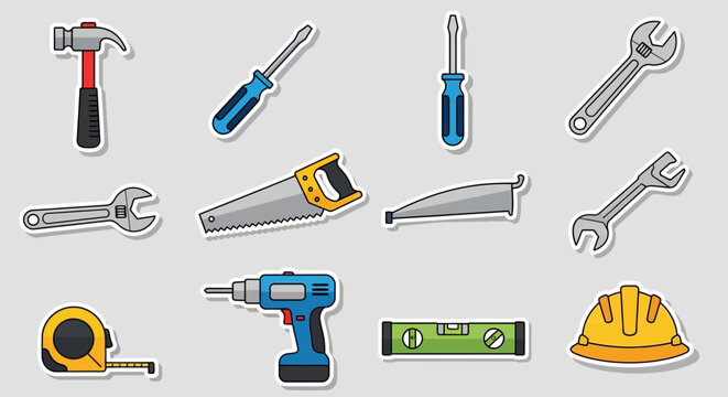 Essential Construction and DIY Hand Tools Icons Set. Home Improvement & Renovation Equipment Stickers.